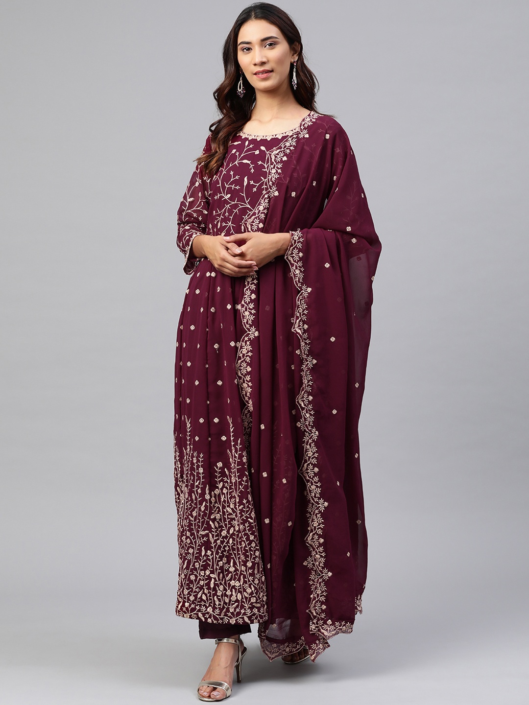 

Readiprint Fashions Wine-Coloured & Beige Poly Georgette Semi-Stitched Dress Material, Purple