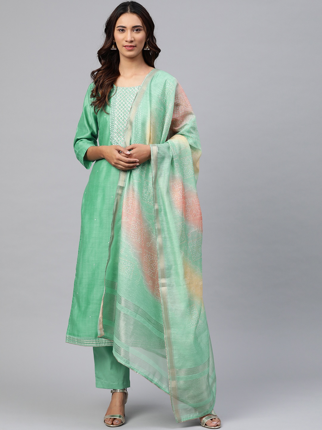 

Readiprint Fashions Green Embellished Unstitched Dress Material With Dupatta