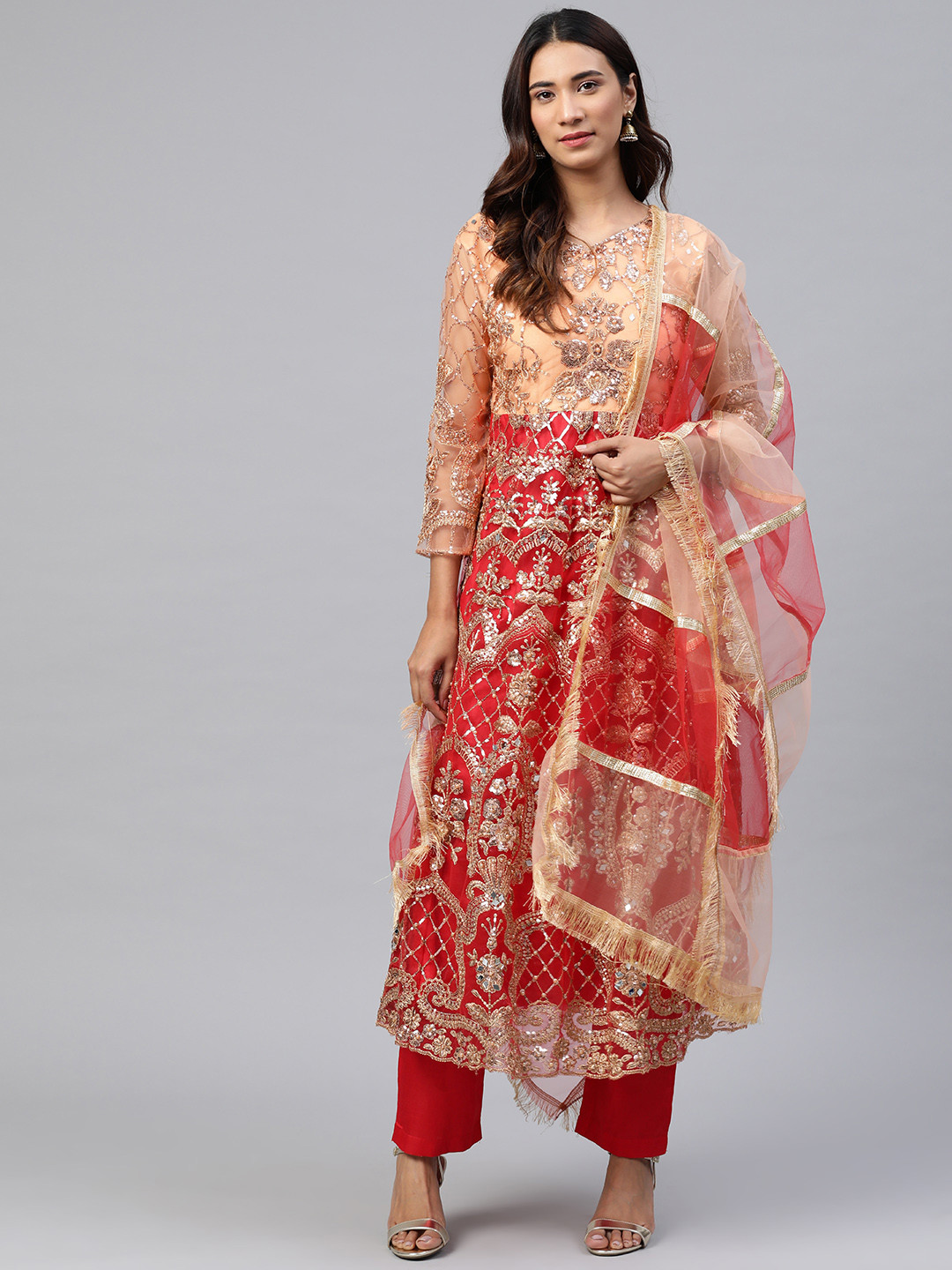 

Readiprint Fashions Red & Peach-Coloured Embellished Net Semi-Stitched Dress Material