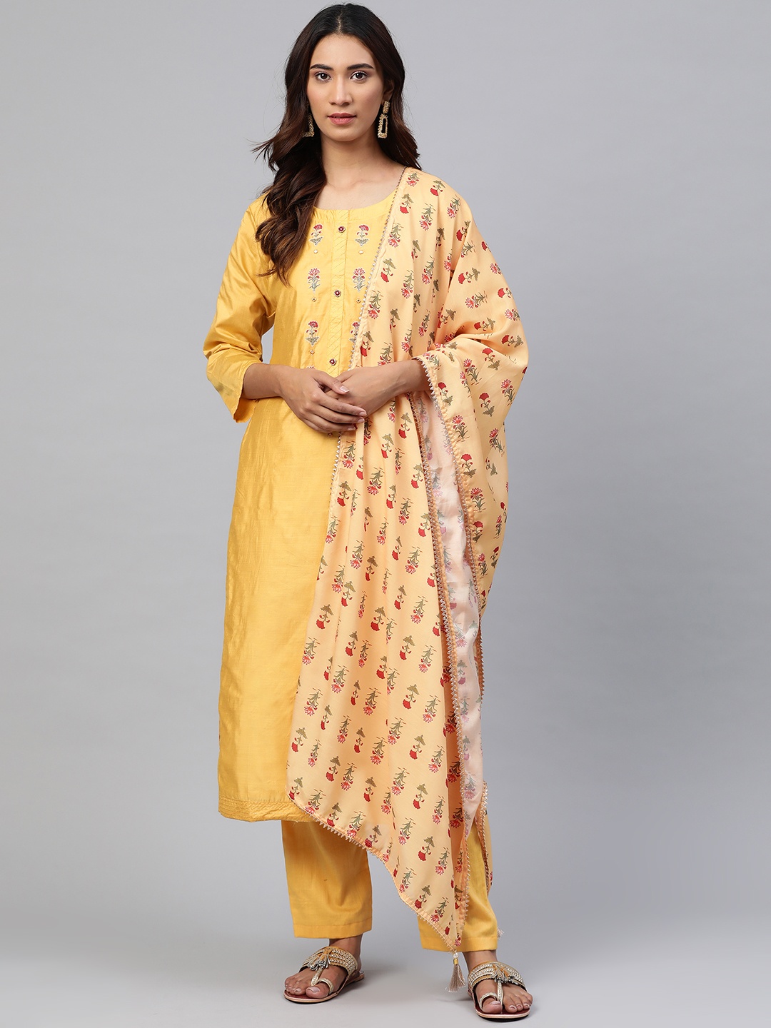 

Readiprint Fashions Yellow & Red Embroidered Detail Unstitched Dress Material With Dupatta