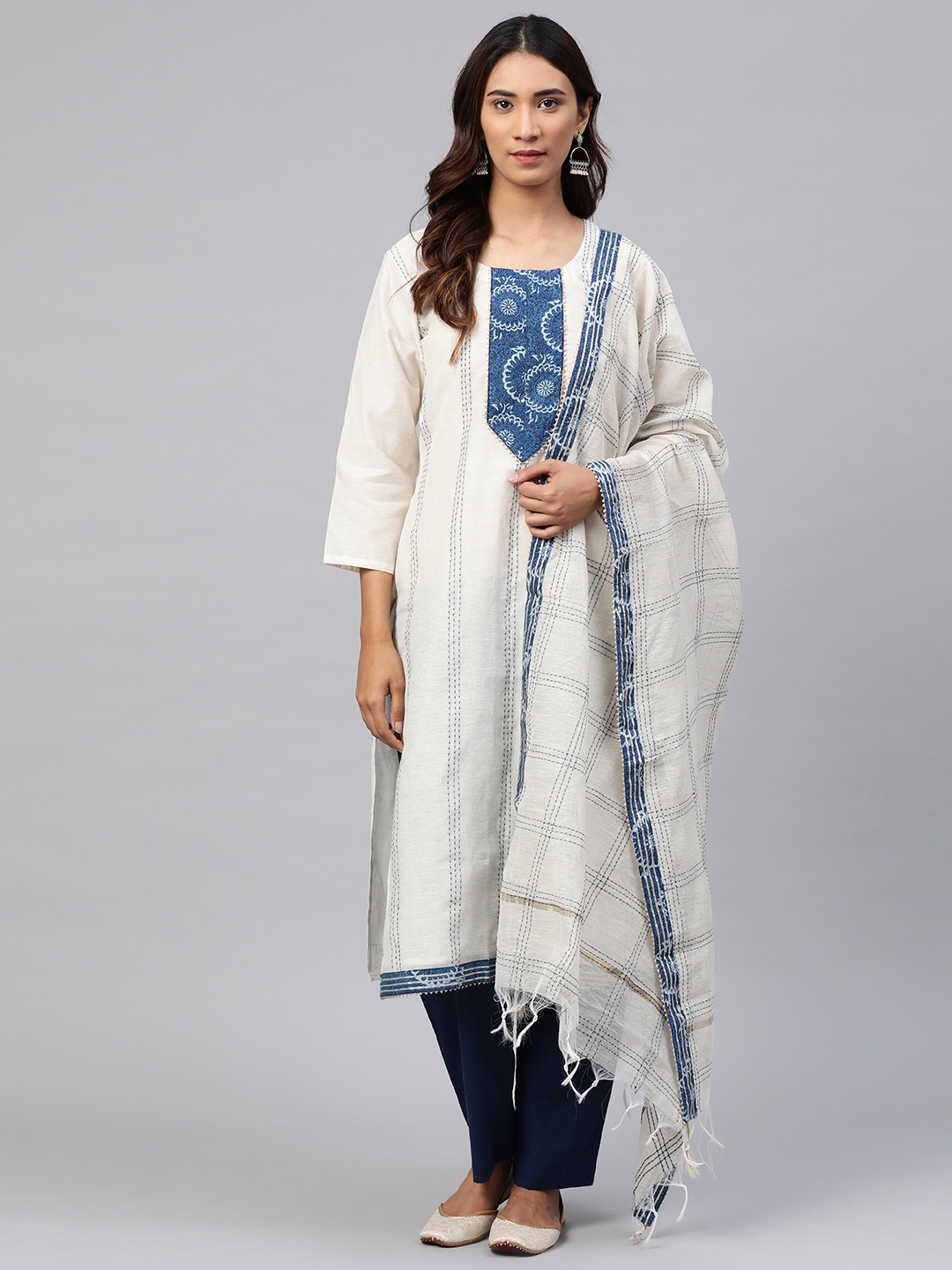 

Readiprint Fashions Off-White & Navy Blue Striped Unstitched Dress Material