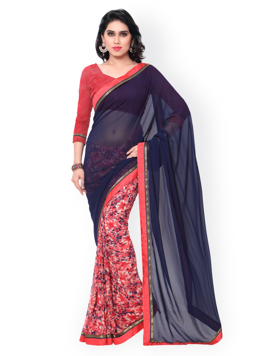 

Kalista Navy & Pink Georgette Floral Print Saree, Navy blue