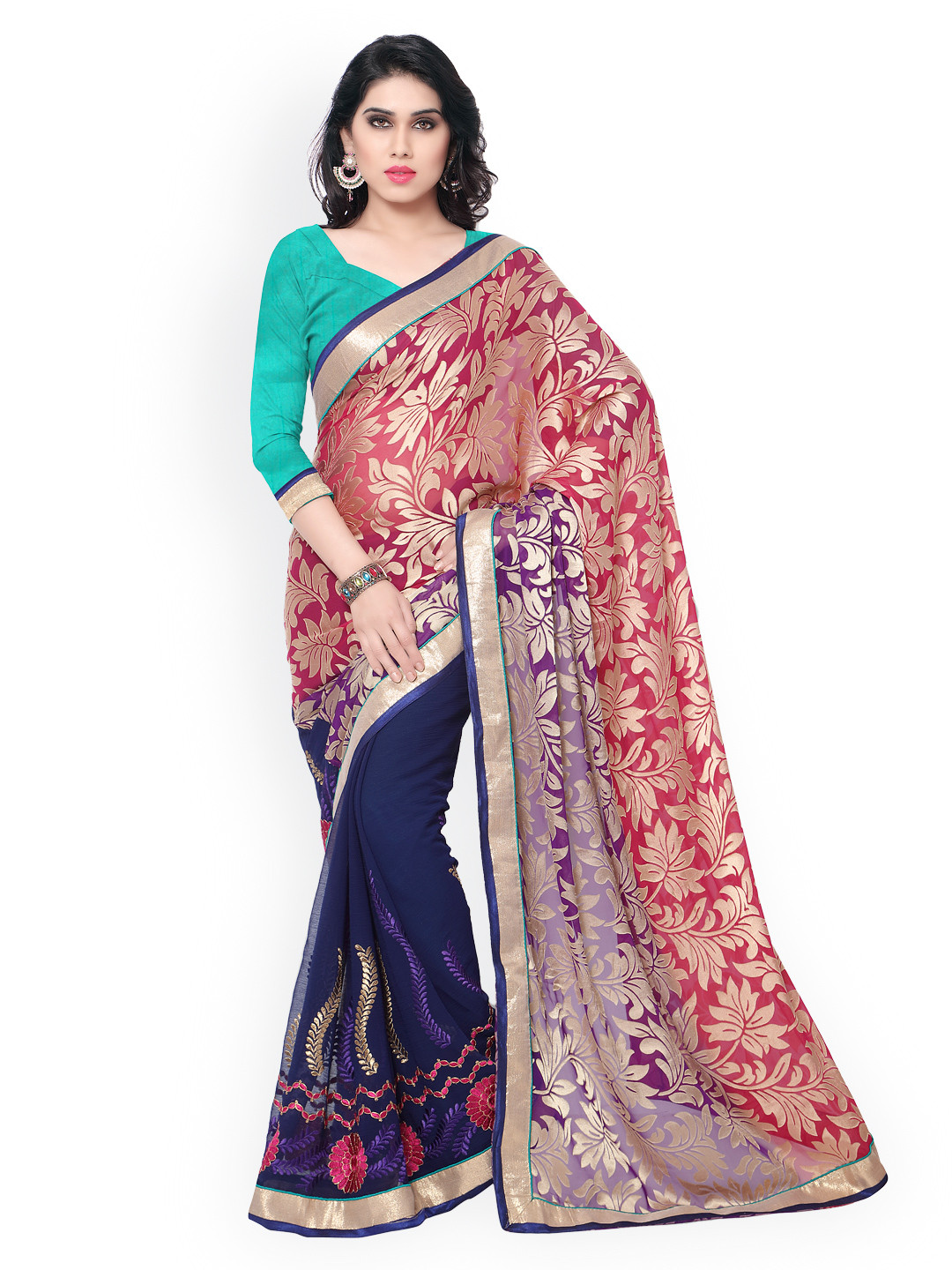 

Kalista Pink & Blue Embroidered Georgette & Brasso Saree