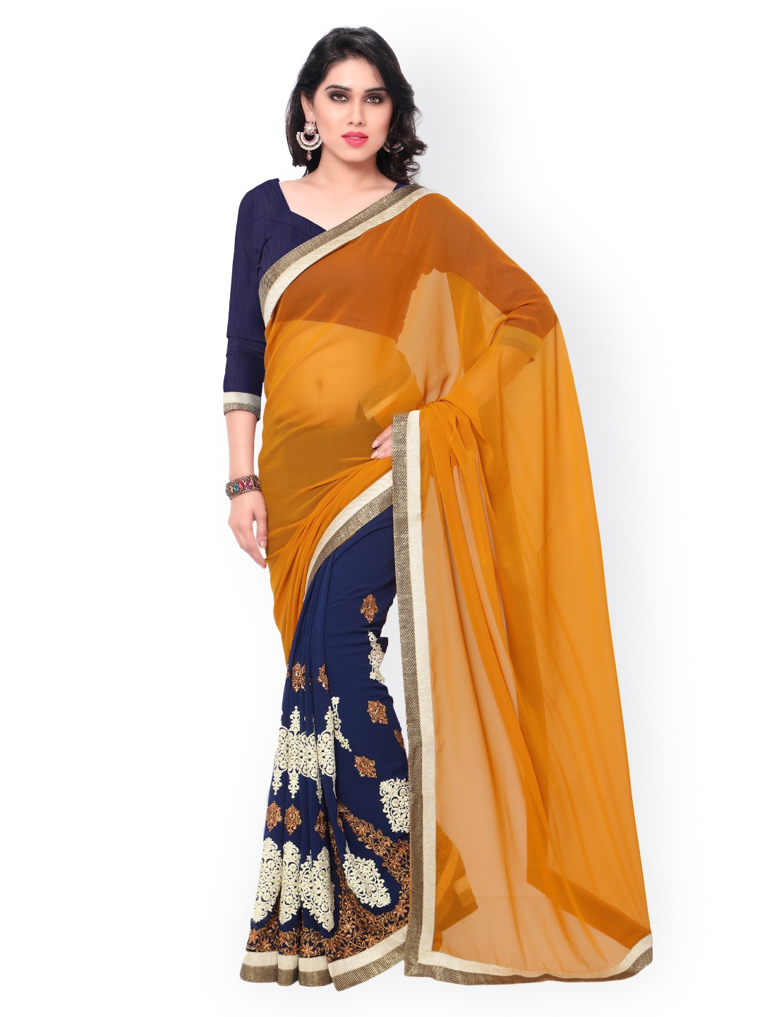 

Kalista Mustard Yellow & Blue Embroidered Georgette Saree