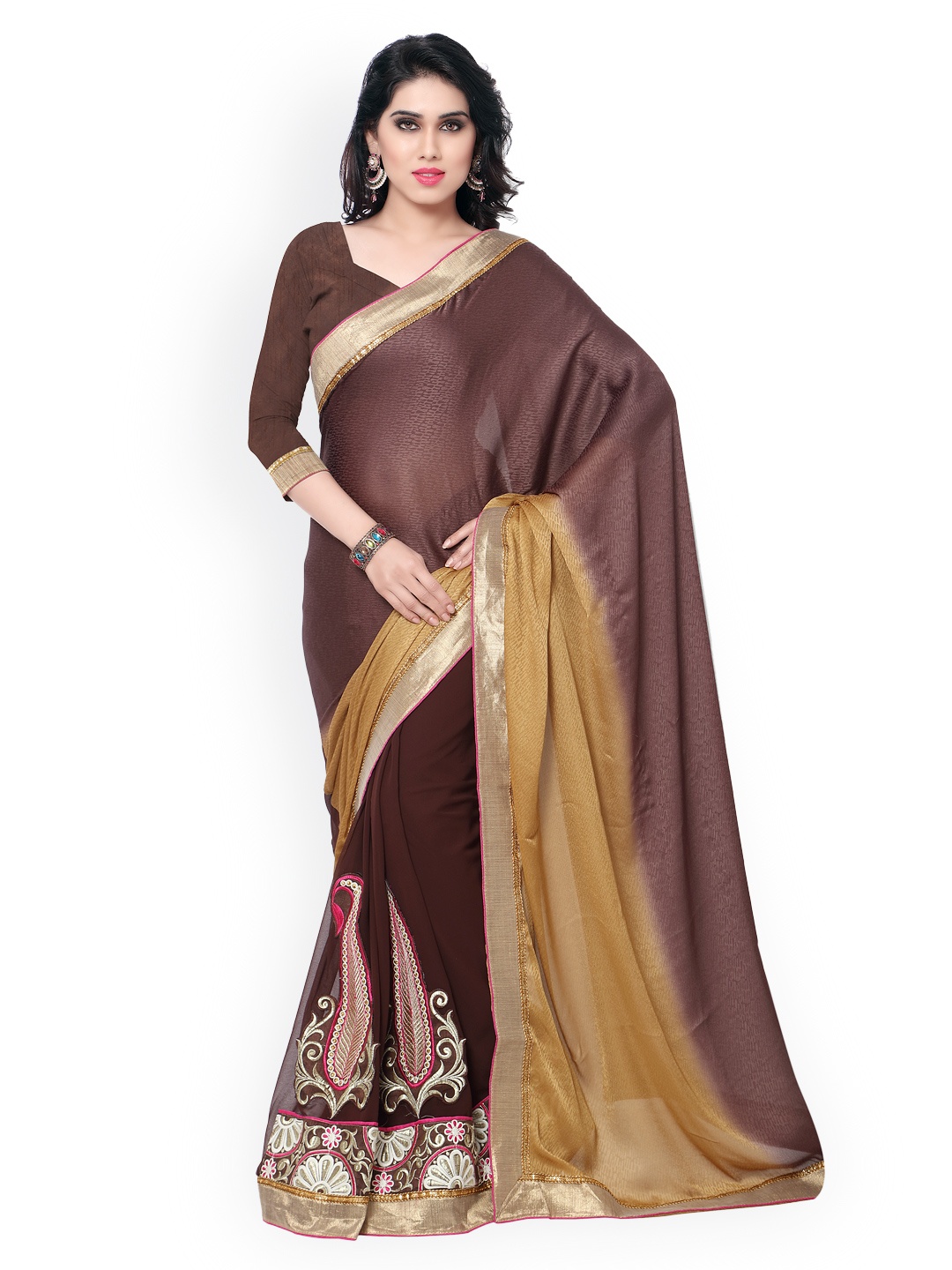 

Kalista Brown Embroidered Crepe & Jacquard Saree