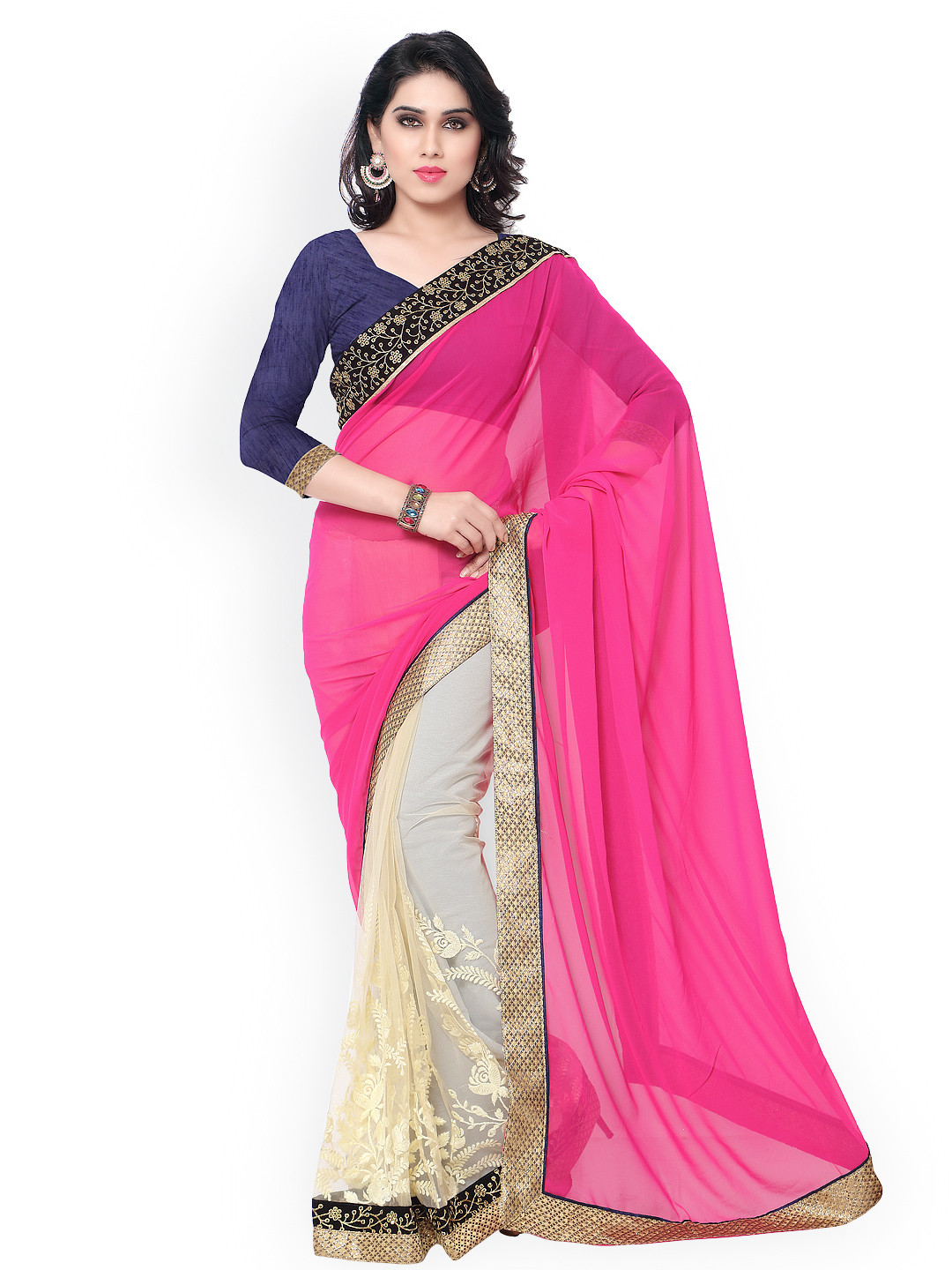 

Kalista Pink & Beige Embroidered Georgette & Net Saree