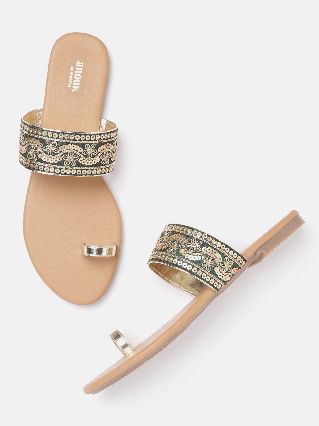 

Anouk Women Green & Gold-Toned Sequined One Toe Flats
