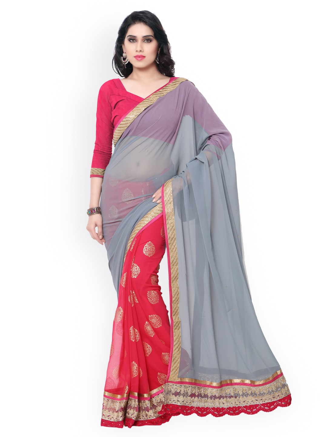 

Kalista Pink & Grey Printed & Embroidered Georgette Embellished Saree