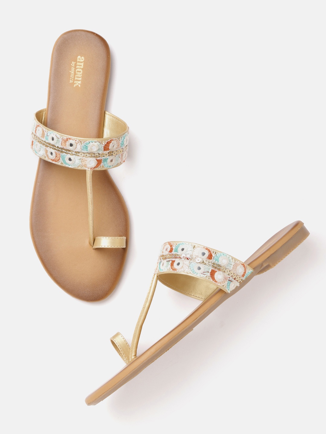 

Anouk Women Gold-Toned & White Embroidered One Toe Flats with Mirror Work