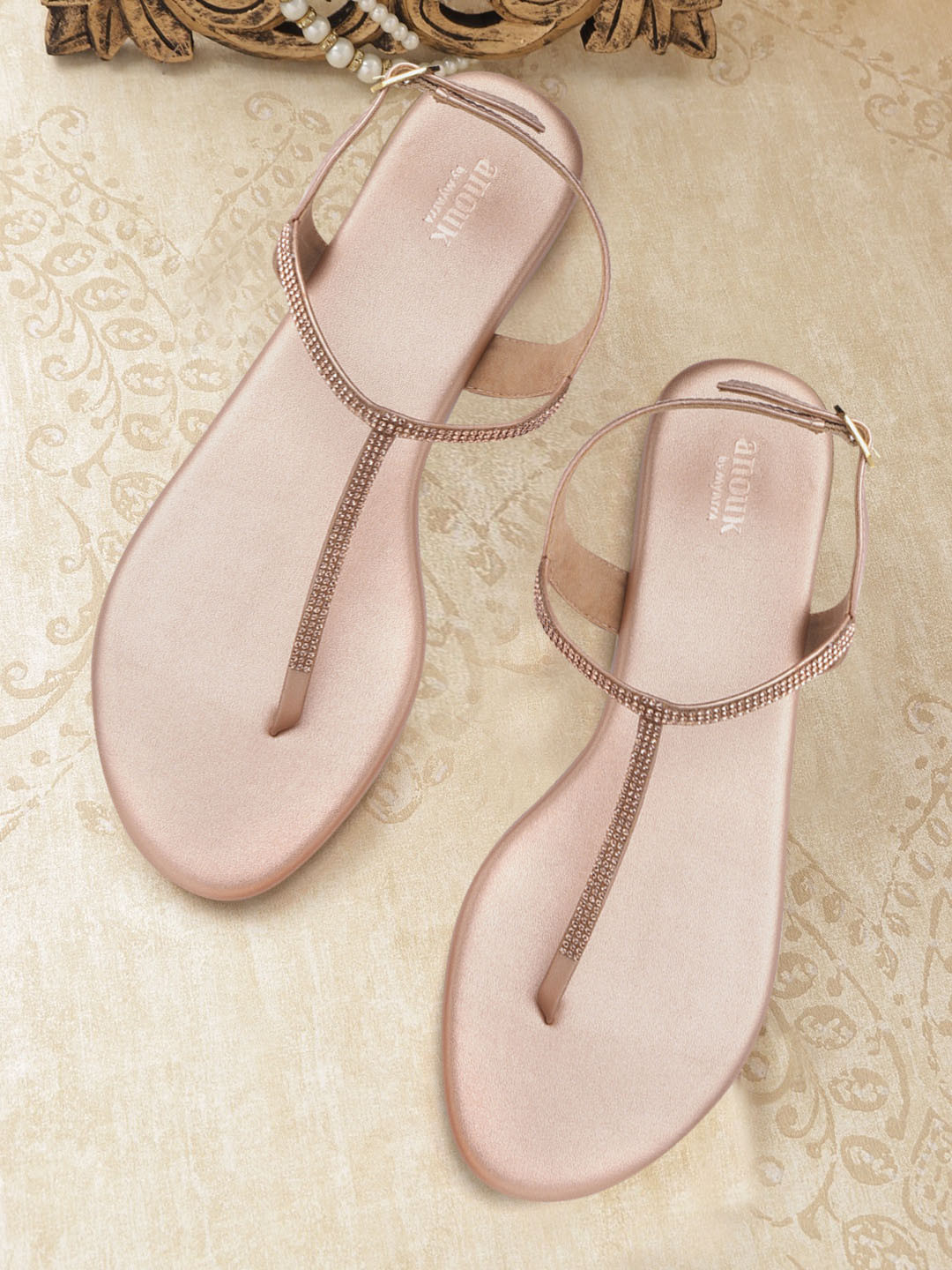 

Anouk Women Rose Gold-Toned Embellished T-Strap Flats