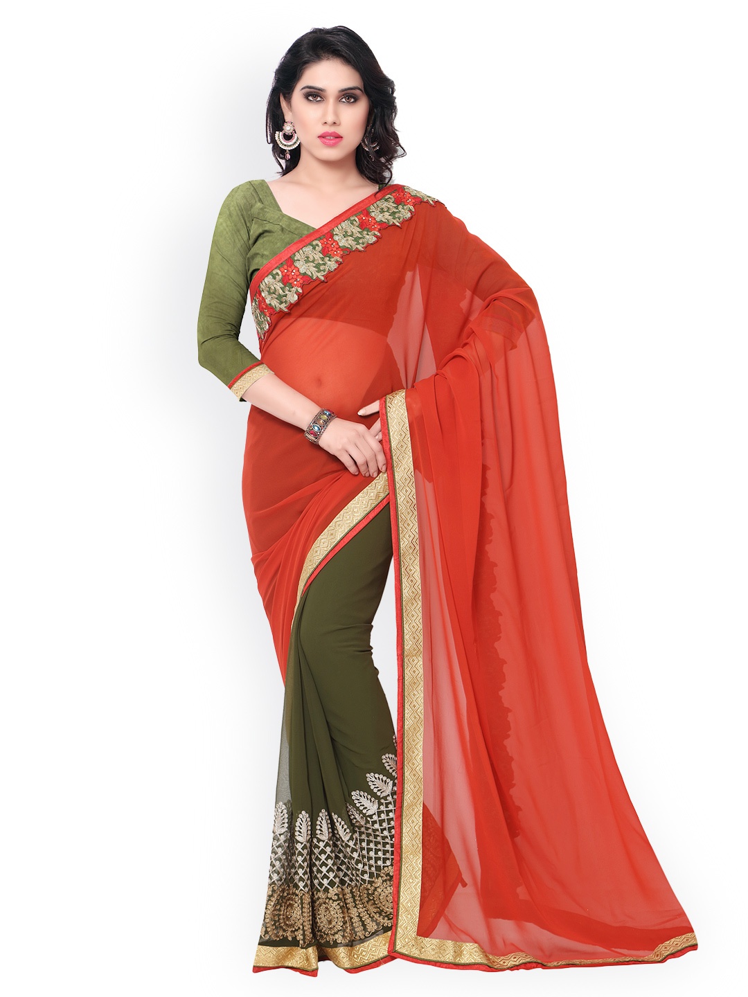 

Kalista Orange & Green Embroidered Georgette Saree