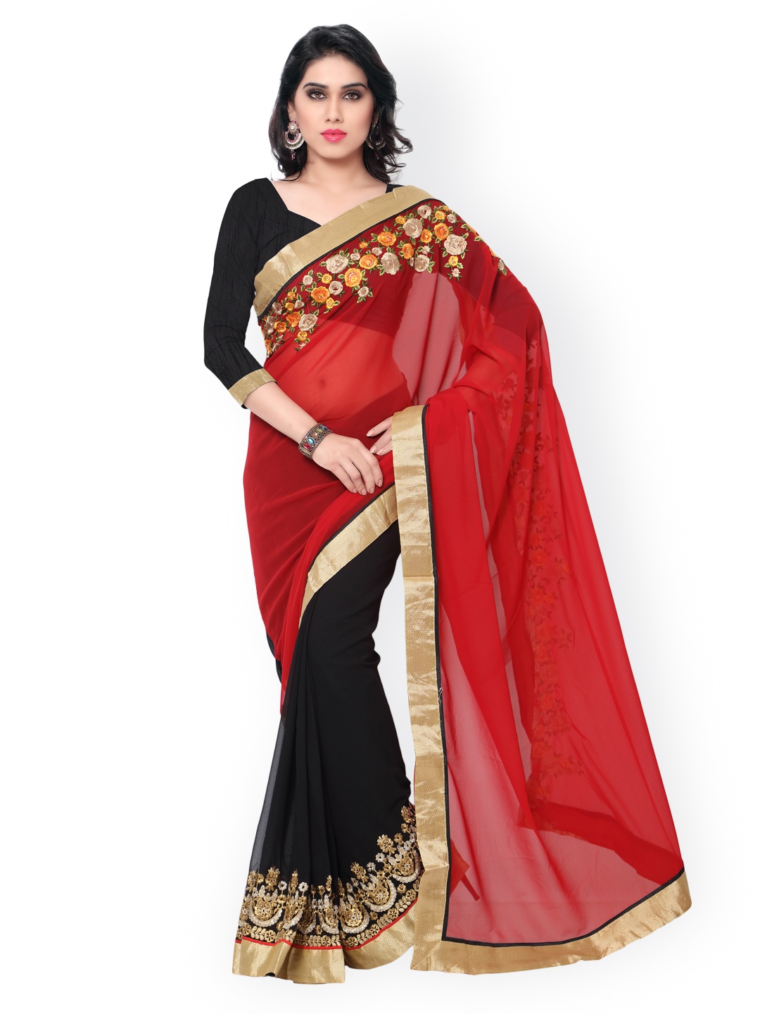 

Kalista Red & Black Embroidered Georgette Saree