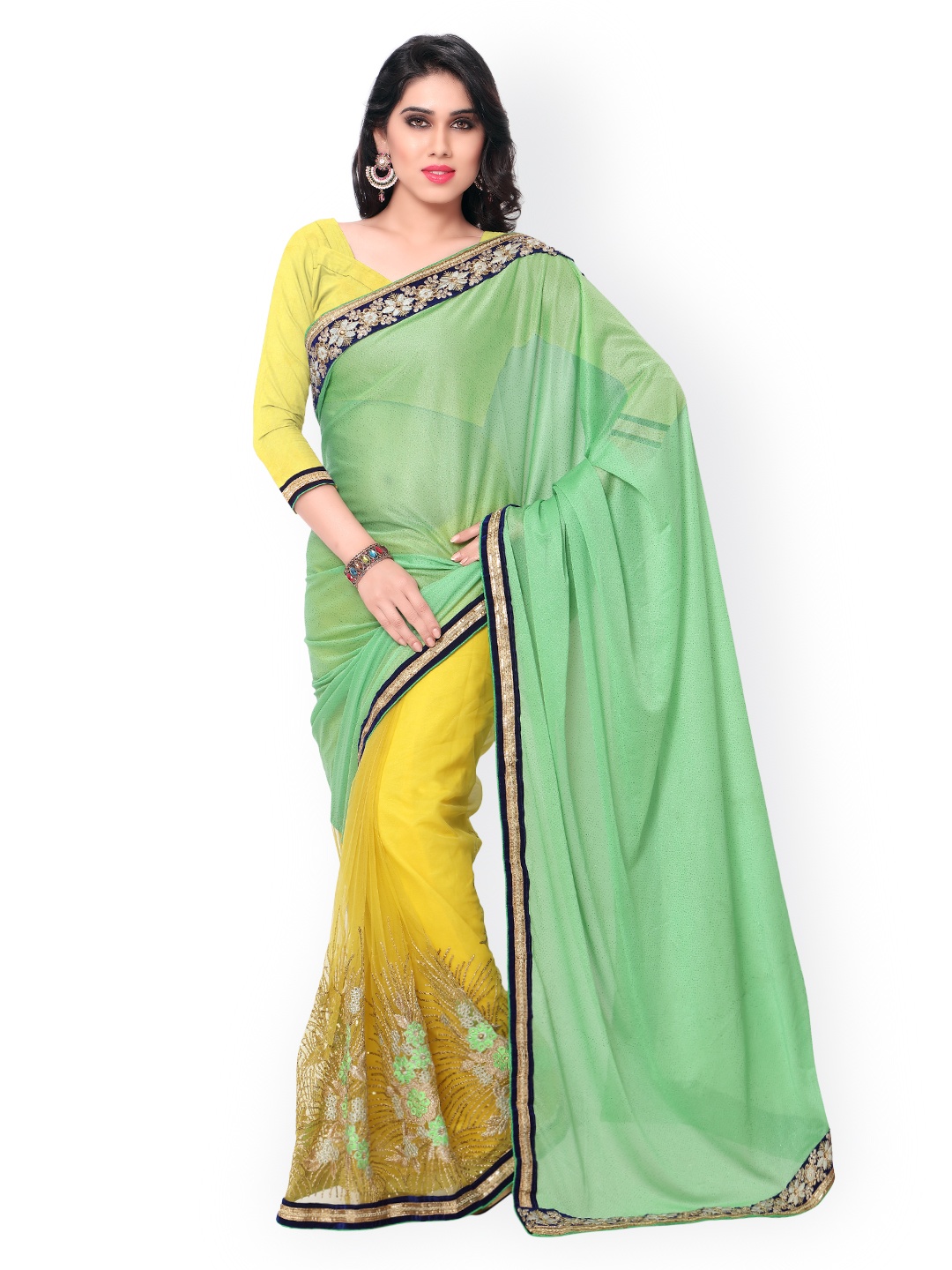 

Kalista Green & Yellow Net Embellished Saree