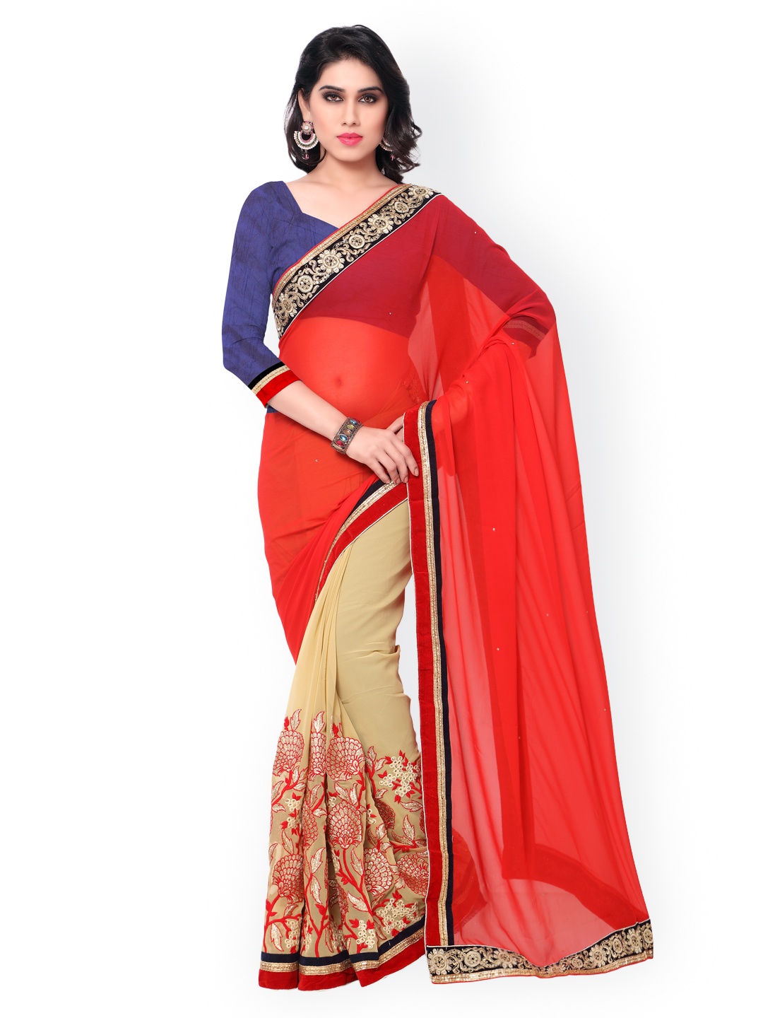 

Kalista Red & Beige Embroidered Georgette Embellished Saree