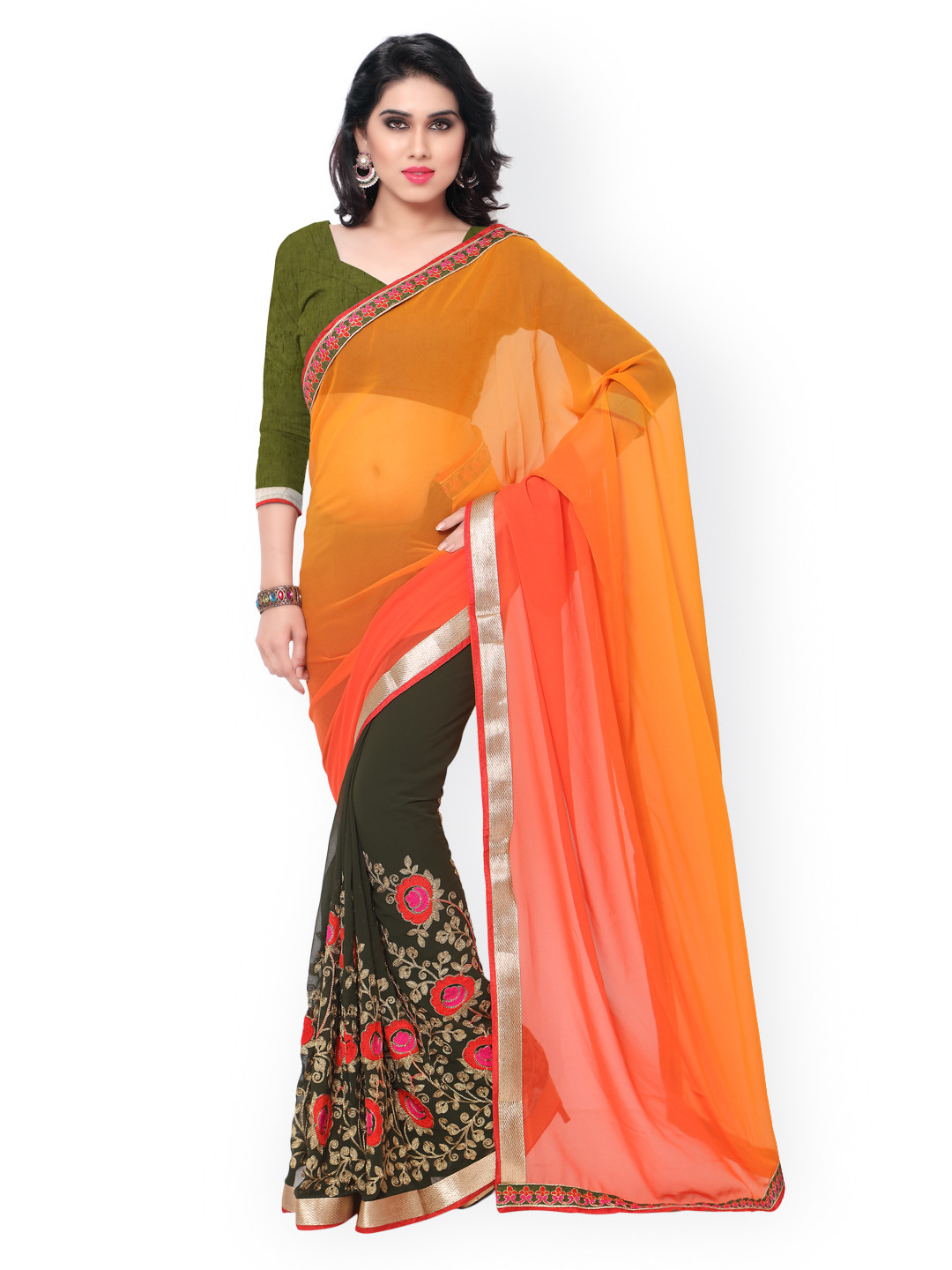 

Kalista Orange & Green Embroidered Georgette Saree