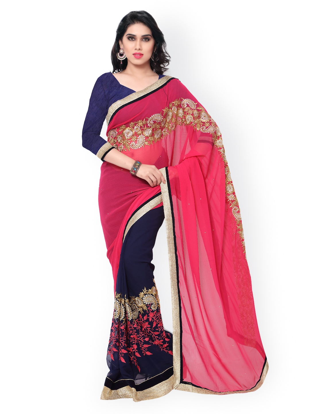 

Kalista Pink & Navy Embroidered Georgette Embellished Saree
