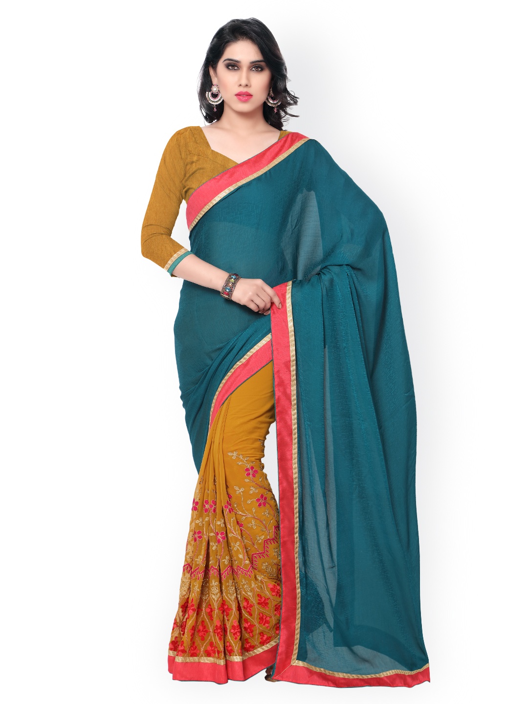 

Kalista Green & Mustard Yellow Embroidered Satin & Chiffon Saree