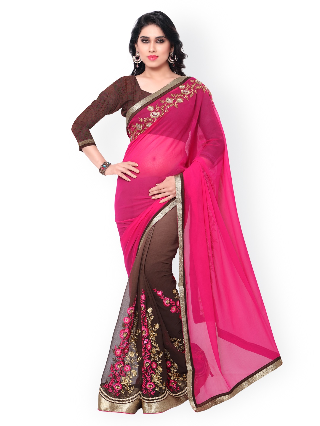 

Kalista Magenta & Brown Embroidered Georgette Saree