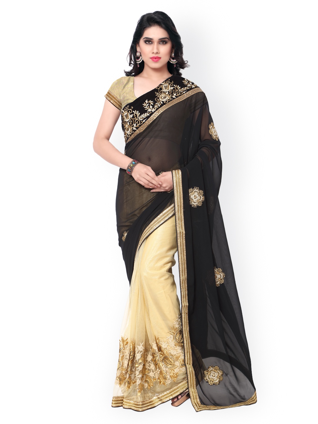 

Kalista Black & Beige Embroidered Georgette Saree