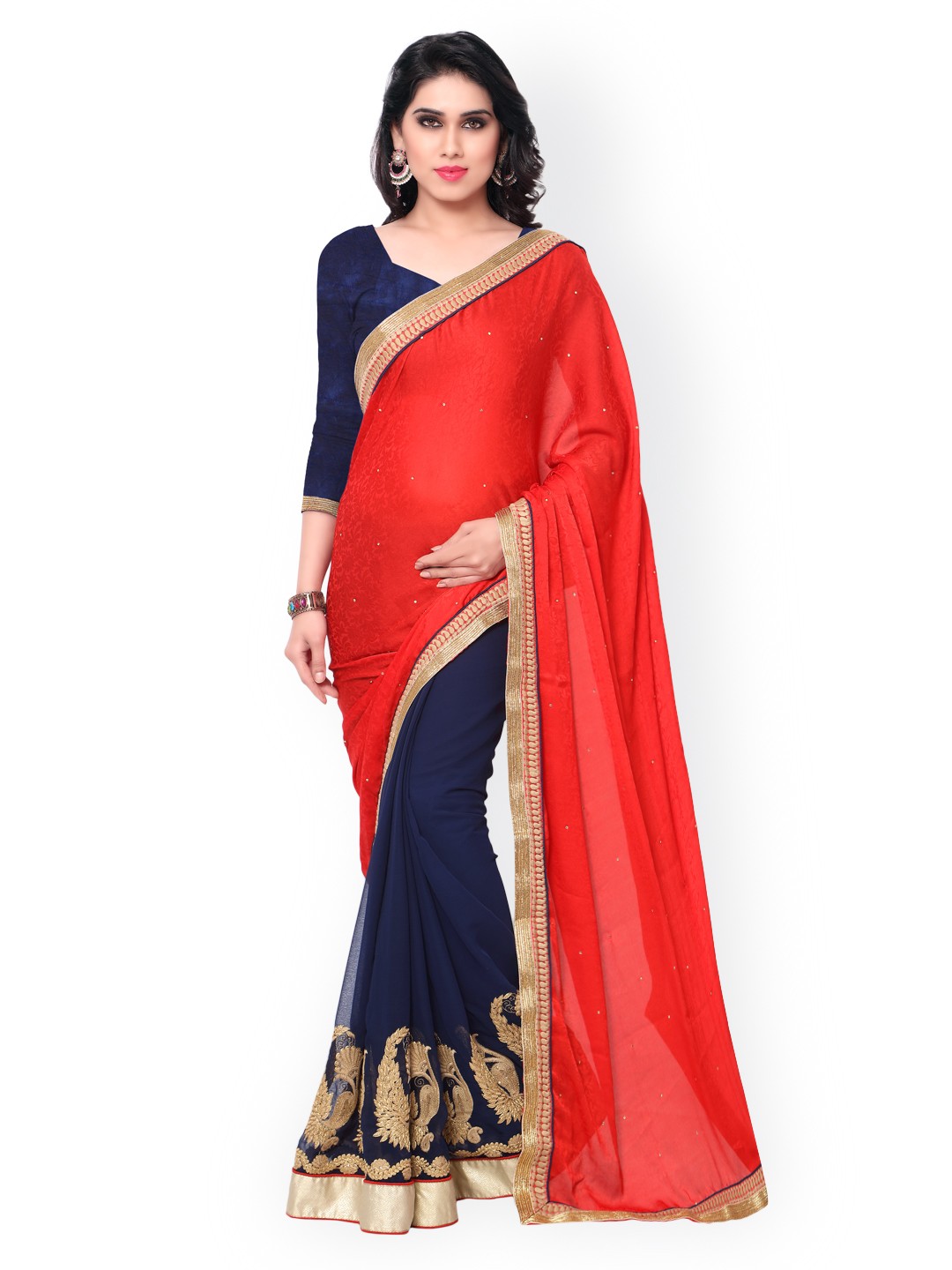 

Kalista Red & Navy Embroidered Georgette & Jacquard Embellished Saree