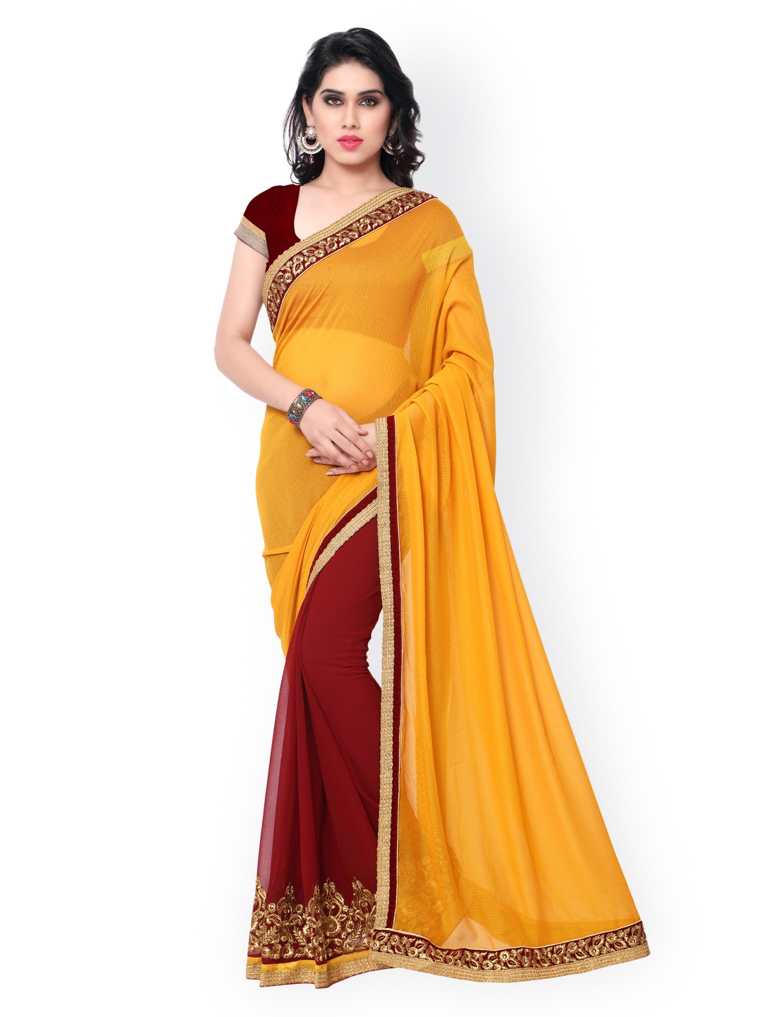 

Kalista Yellow & Red Embroidered Georgette & Jacquard Saree