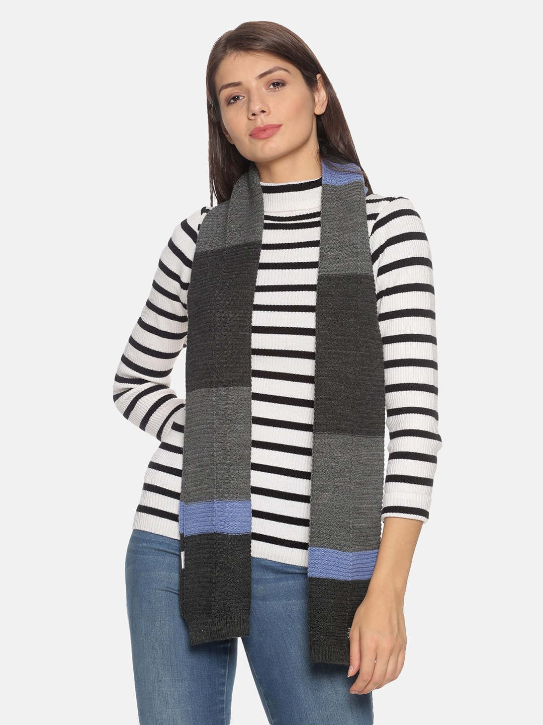 

513 Women Blue & Charcoal Grey Knitted Striped Warm Premium Quality Muffler