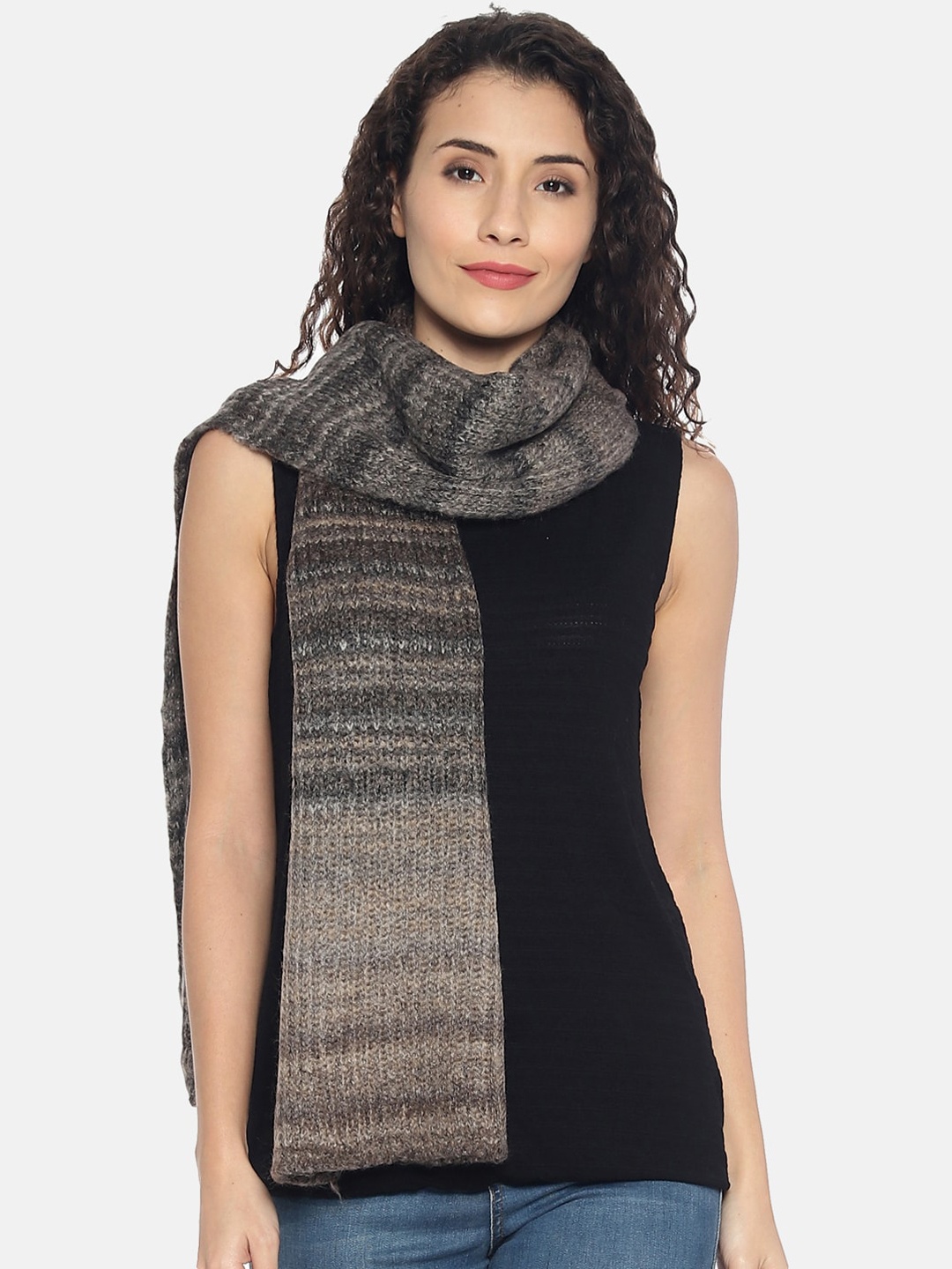 

513 Women Brown & Grey Self-Design Knitted Muffler