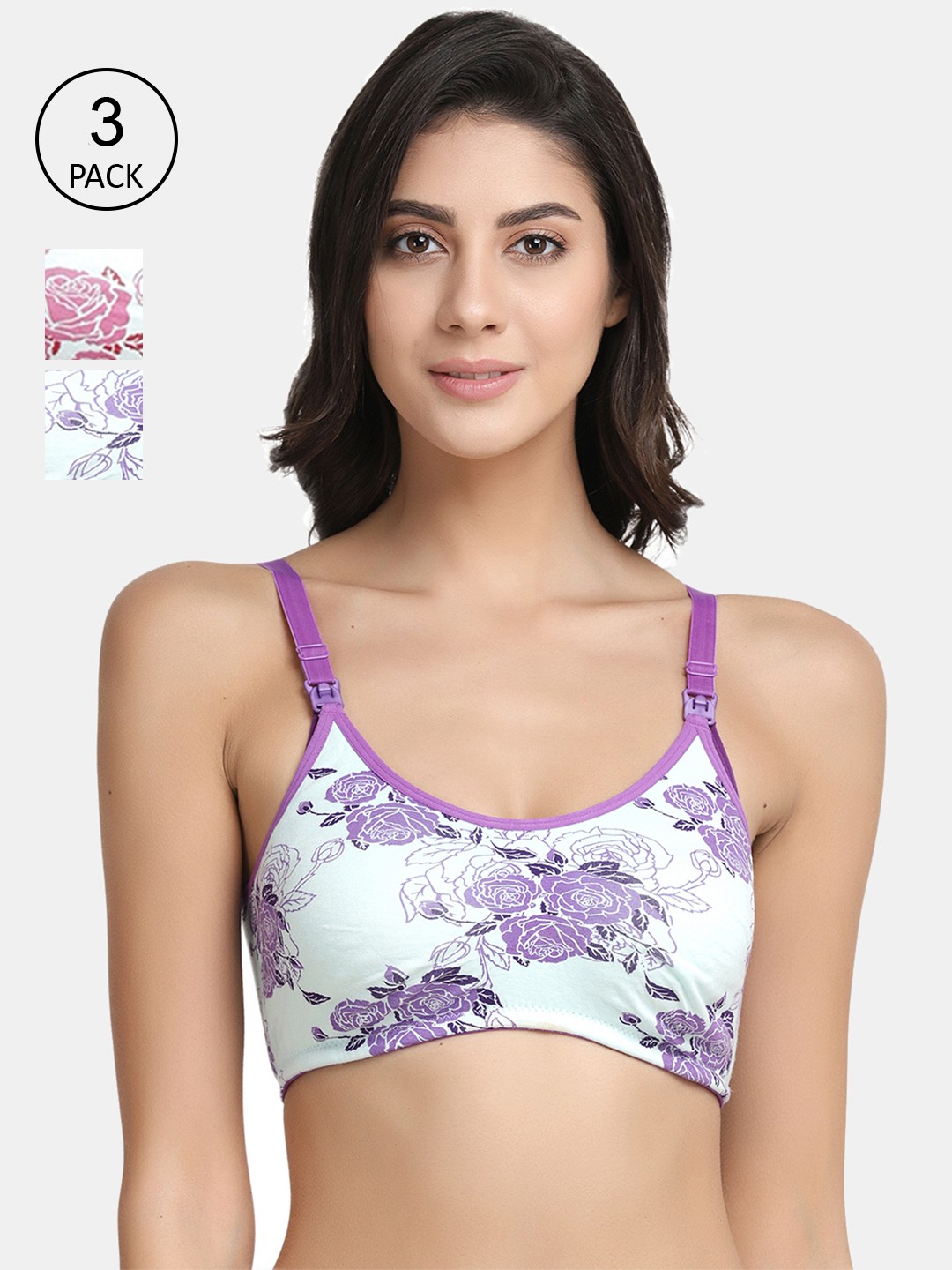 

Inner Sense Pack Of 3 White & Purple Printed Non-Wired Non Padded Maternity Bras