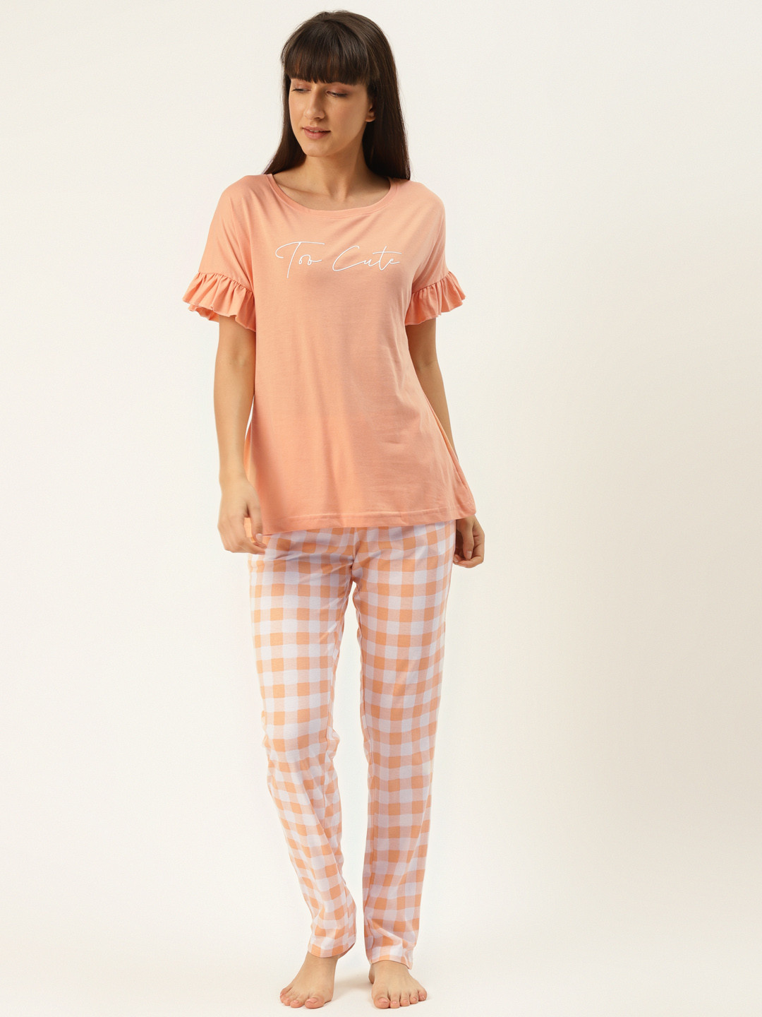 

Sweet Dreams Women Peach-Coloured & White Pure Cotton Solid Night suit