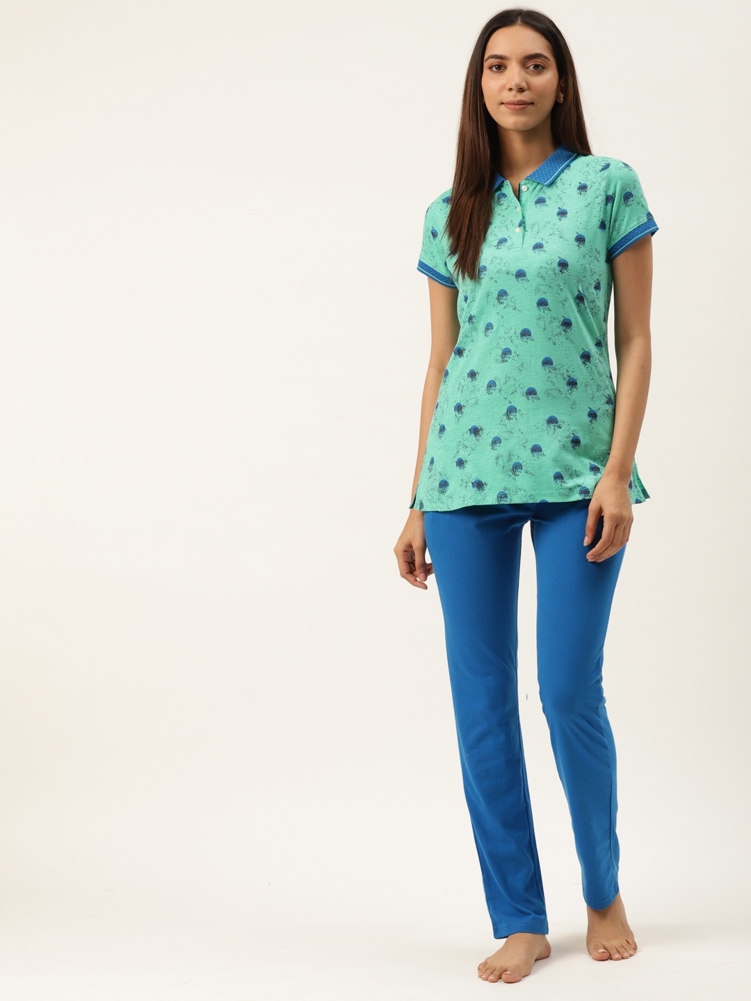 

Sweet Dreams Women Sea Green & Blue Floral Printed Night Suit