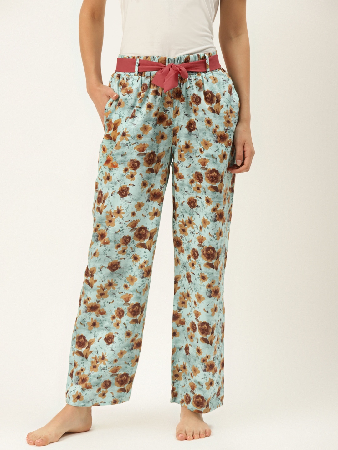 

Sweet Dreams Women Sea Green & Brown Floral Print Lounge Pants with Belt