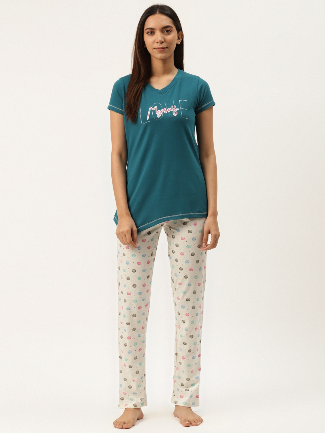 

Sweet Dreams Women Teal Green & Off-White Printed Night suit