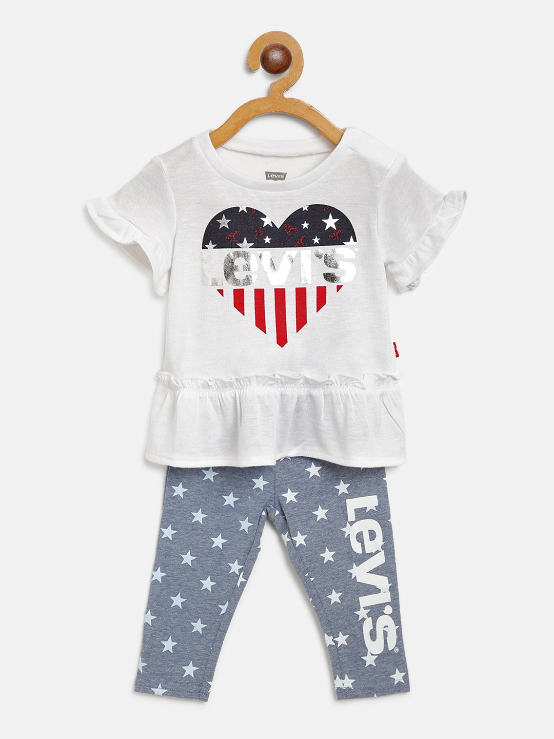 

Levis Girls White & Blue Heart & Star Print Top with Leggings