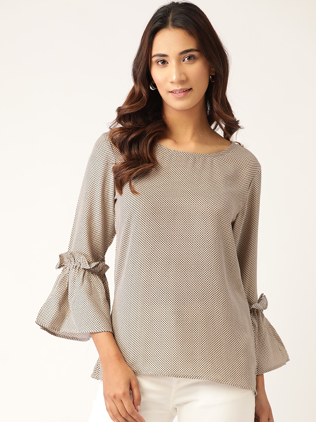 

RIVI Women Beige & Black Geometric Printed Bell Sleeves Georgette Top
