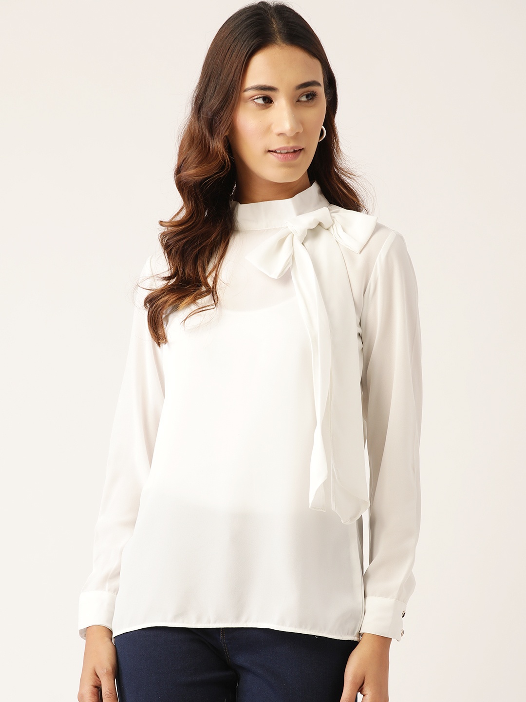 

RIVI Women White Tie-Up Neck Semi-Sheer Georgette Top