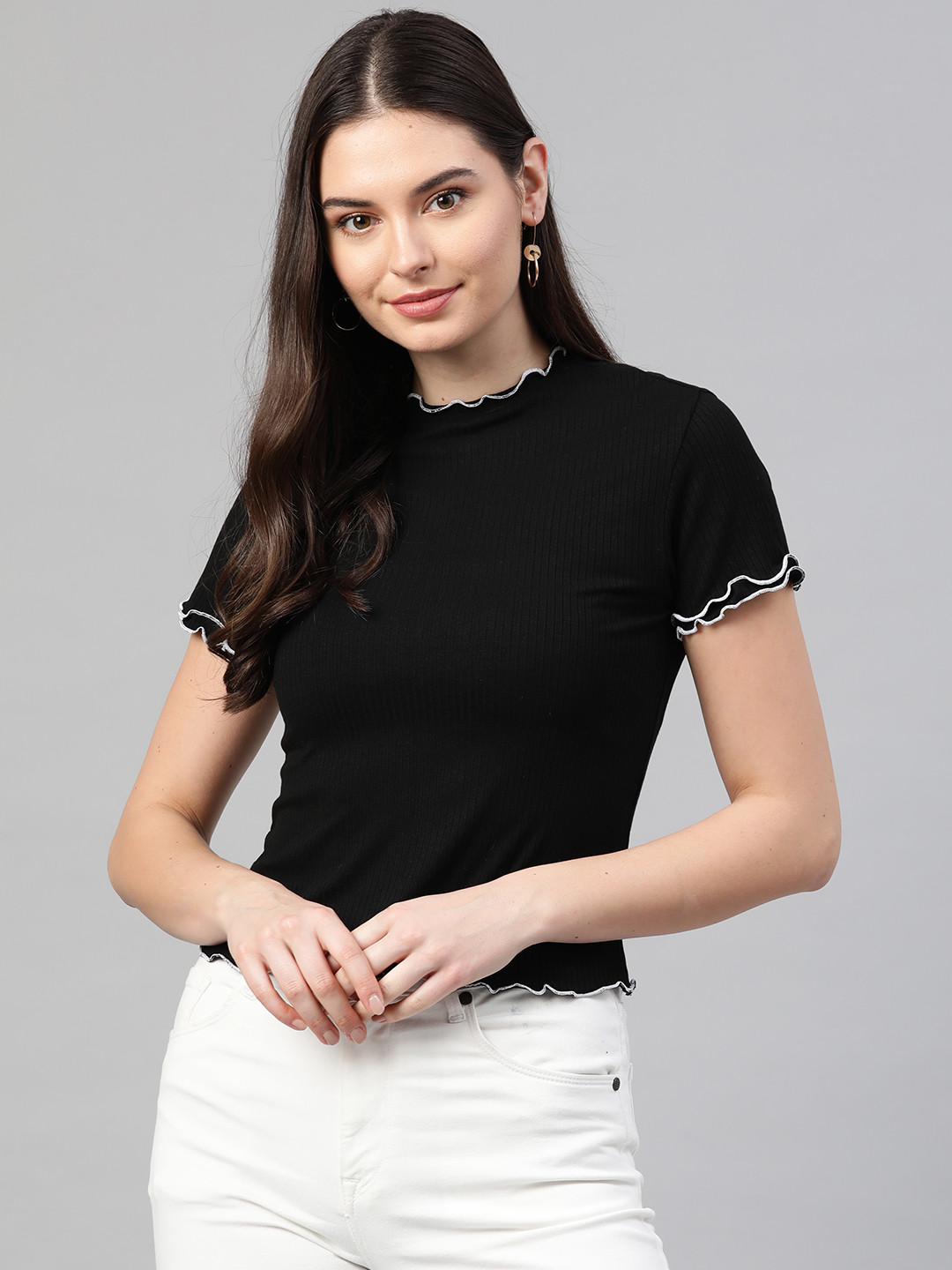 

VividArtsy Women Black Solid Ribbed Top