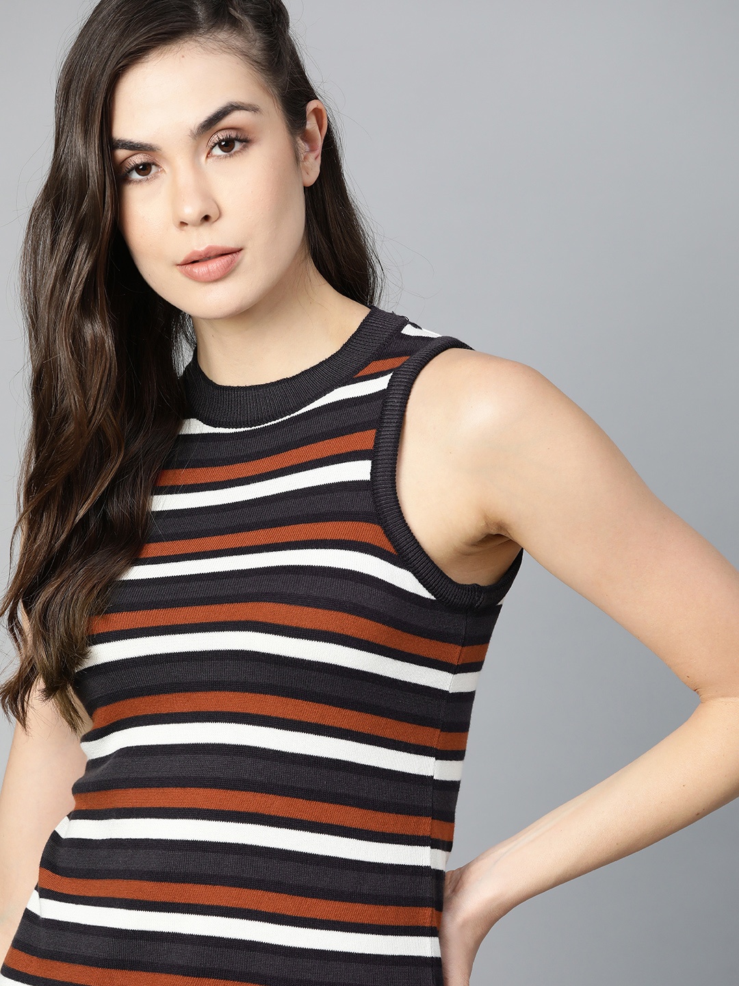 

The Roadster Lifestyle Co Charcoal Grey & White Striped Flat Knit Tank Top