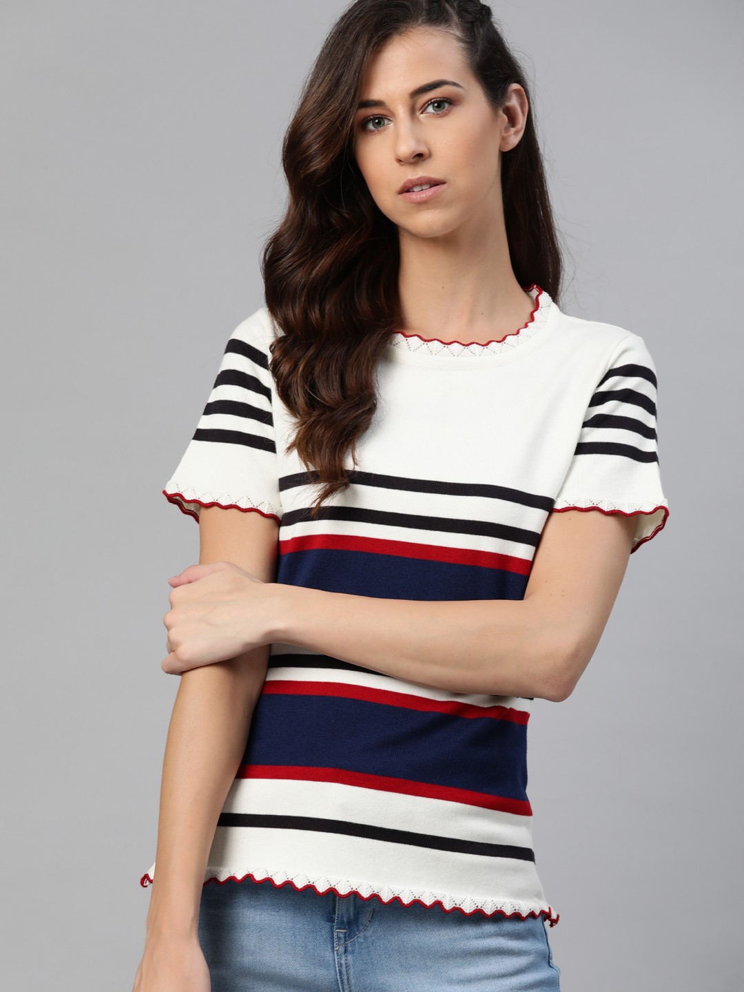 

The Roadster Lifestyle Co White & Navy Blue Striped Scalloped Hem Top