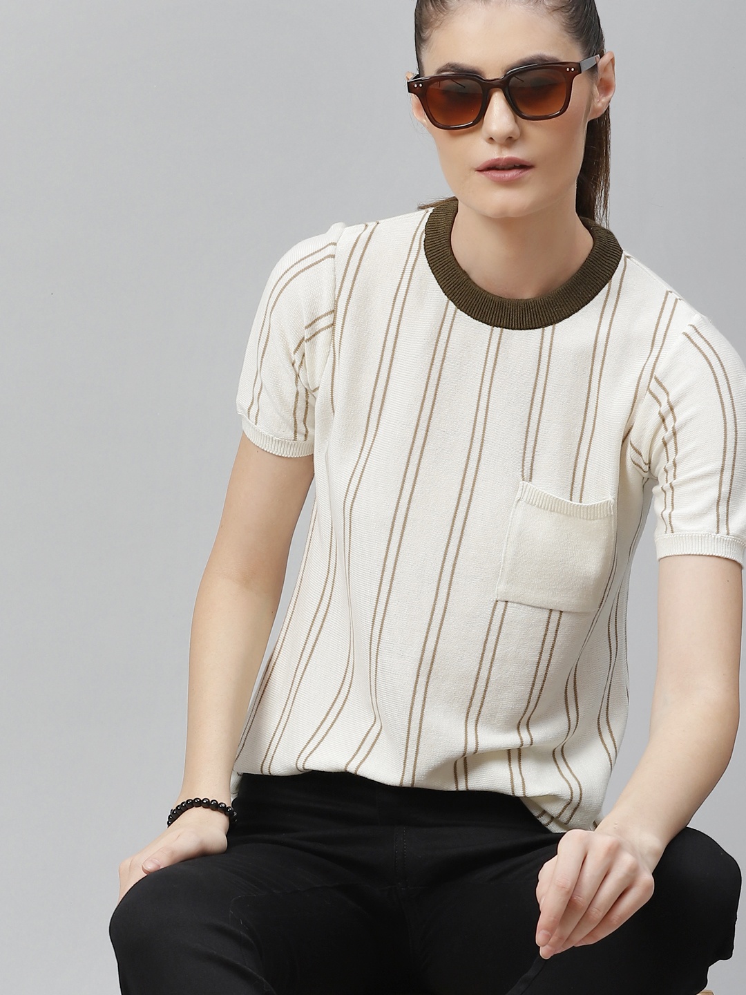 

The Roadster Lifestyle Co Women Off-White & Olive Green Striped Round Neck T-shirt