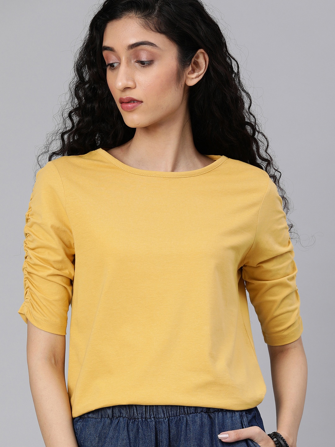 

The Roadster Lifestyle Co Yellow Puff Sleeve Regular Top