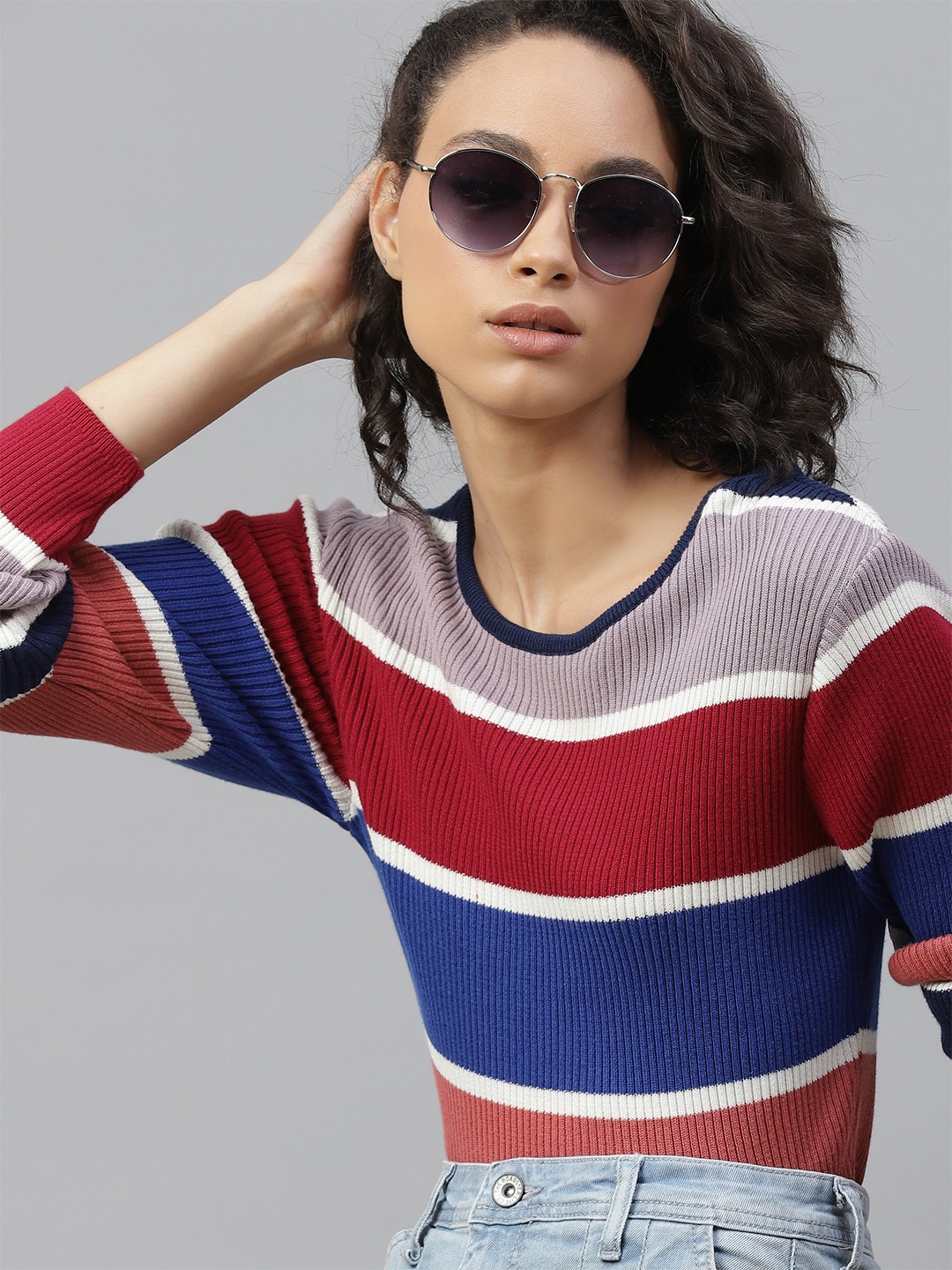 

The Roadster Lifestyle Co Maroon & Blue Striped Ribbed Sweater Top