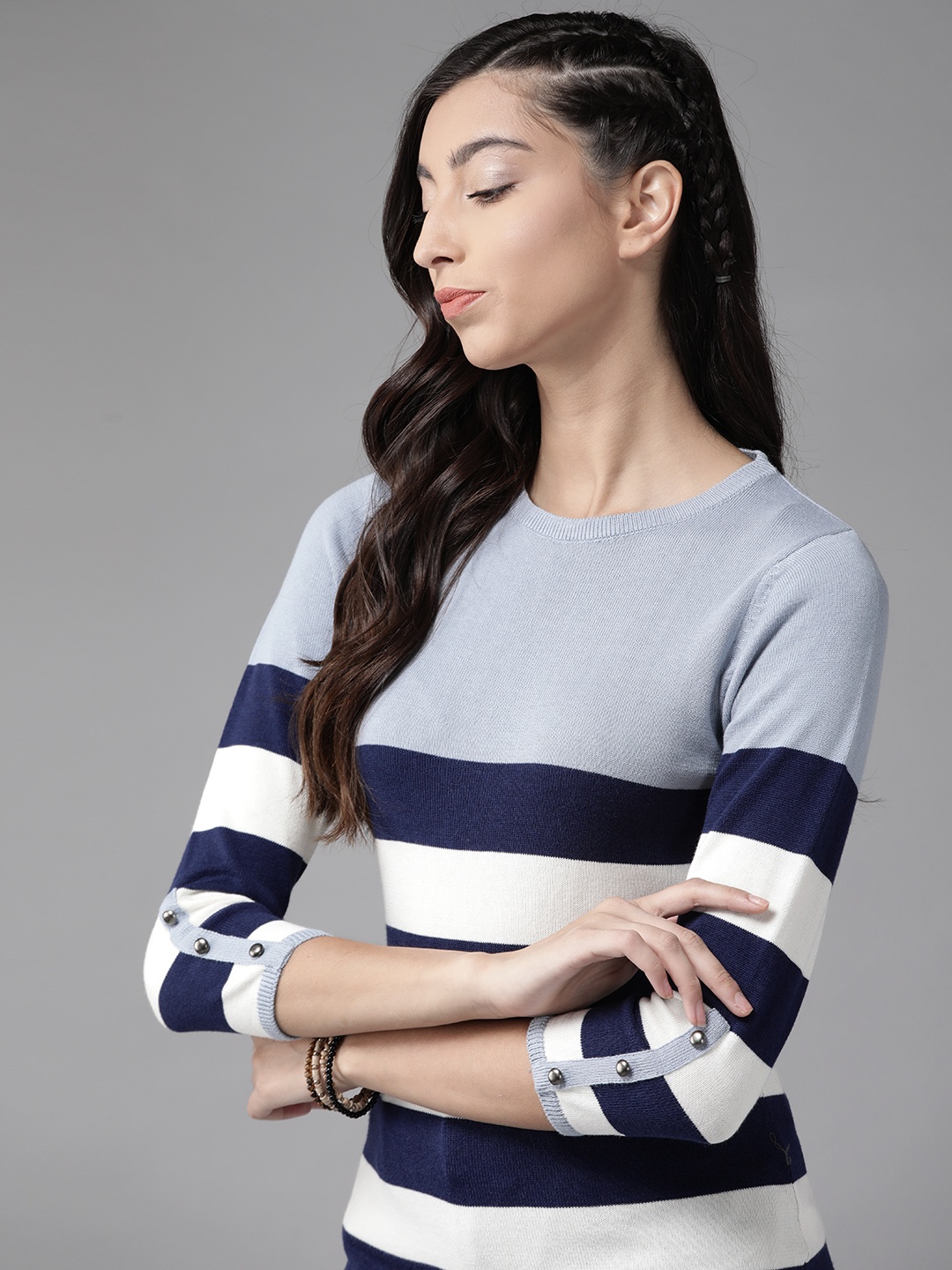 

The Roadster Lifestyle Co Blue & Off- White Striped Flat Knit Top