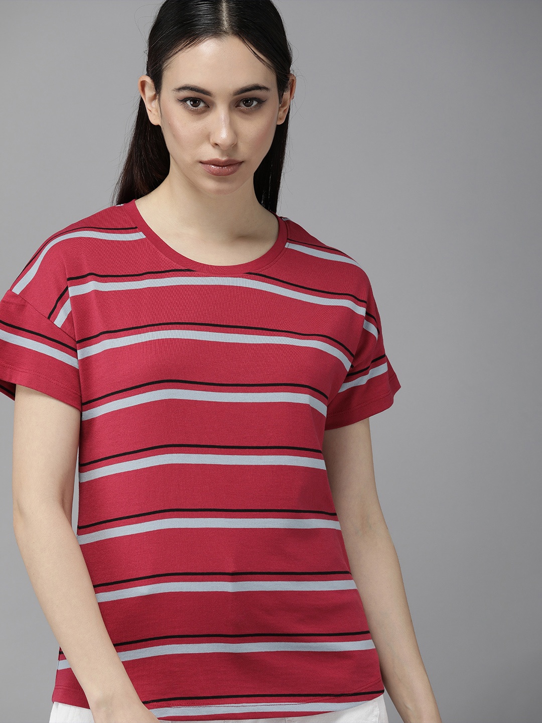 

The Roadster Lifestyle Co Women Red & Grey Striped T-shirt