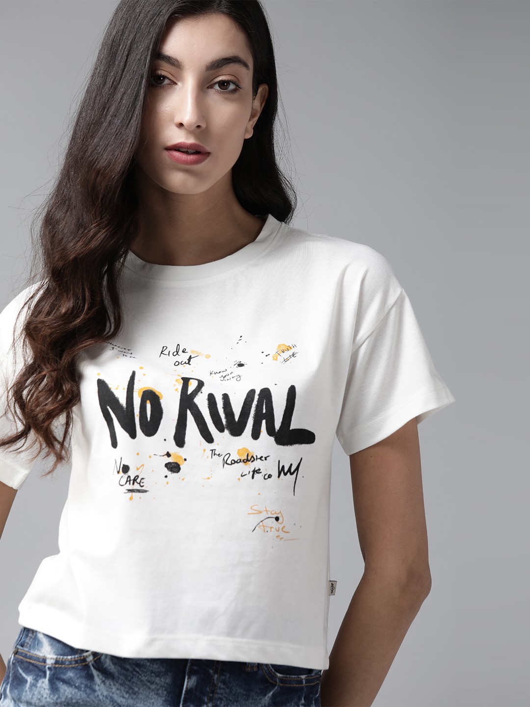 

The Roadster Lifestyle Co Women Off-White Pure Cotton Printed Round Neck Pure Cotton T-shirt