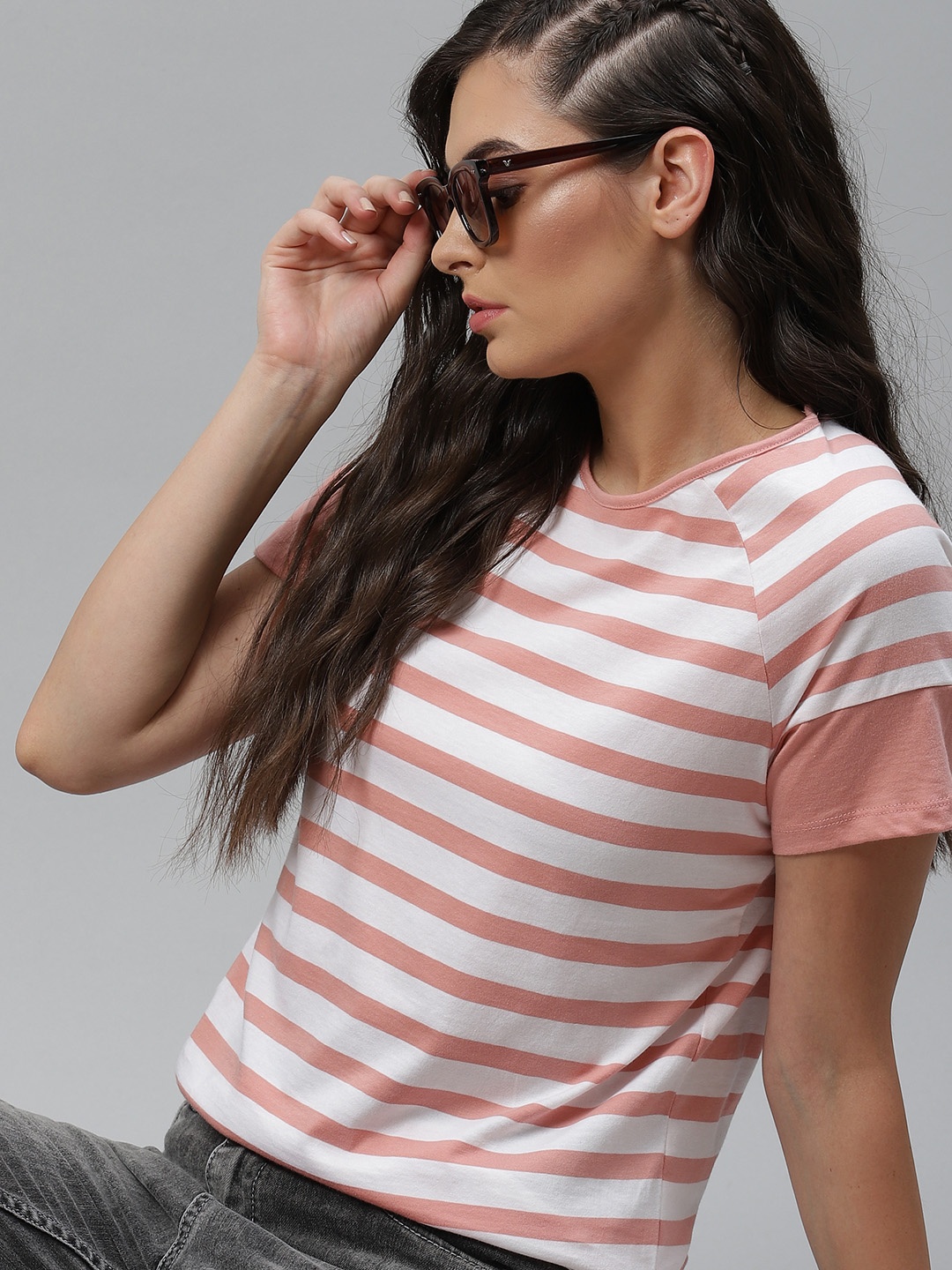 

The Roadster Lifestyle Co Women Dusty Pink White Cotton Striped Round Neck Pure Cotton T-shirt