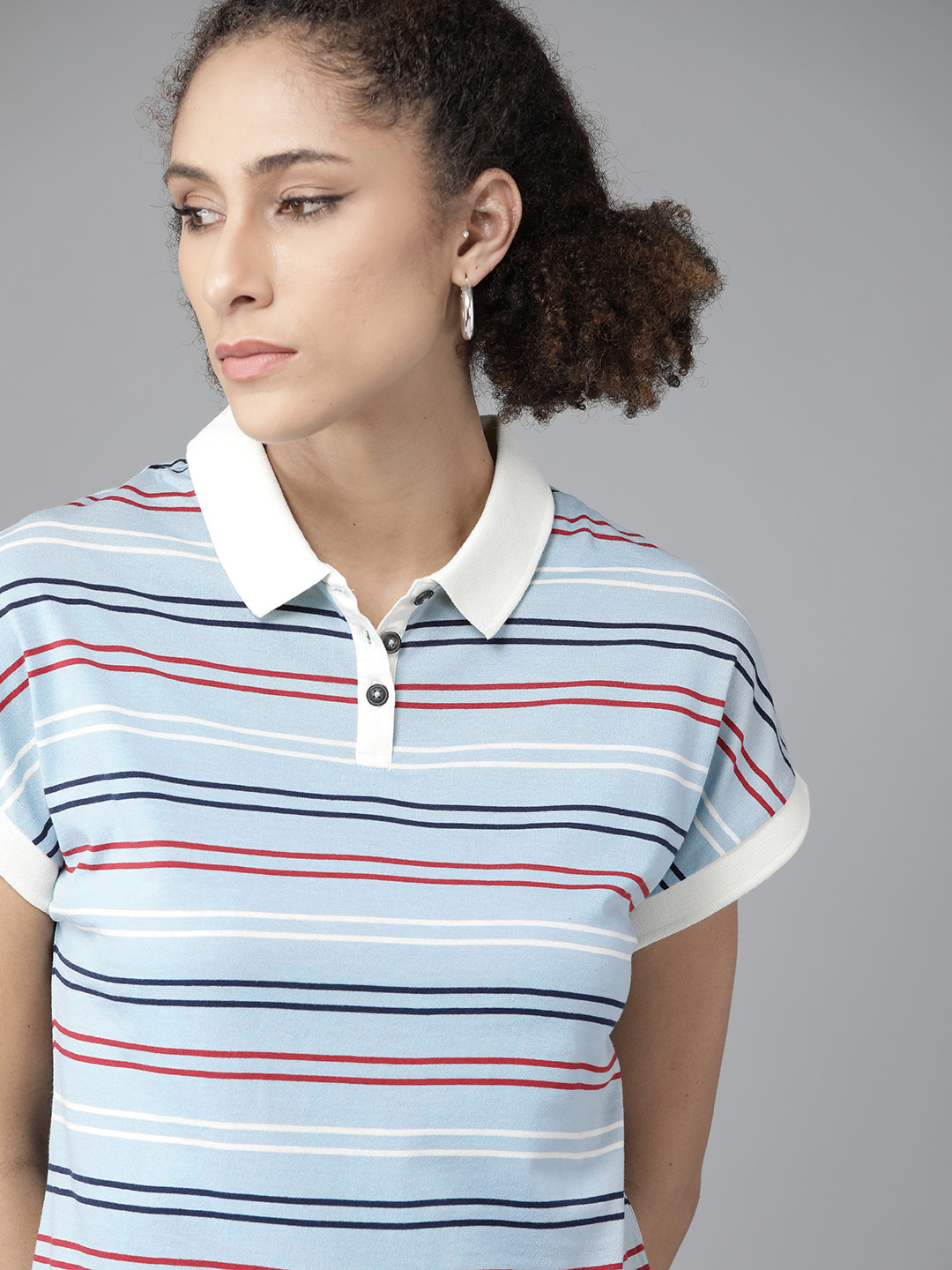 

The Roadster Lifestyle Co Women Blue & White Striped Polo Easy Boxy T-shirt