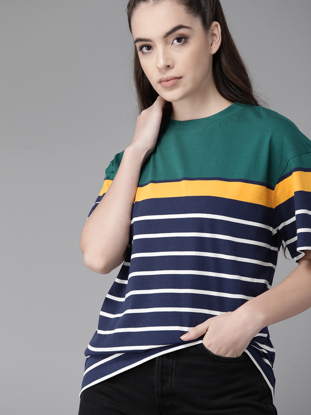 

The Roadster Lifestyle Co Women Green & Navy Blue Pure Cotton Striped T-shirt