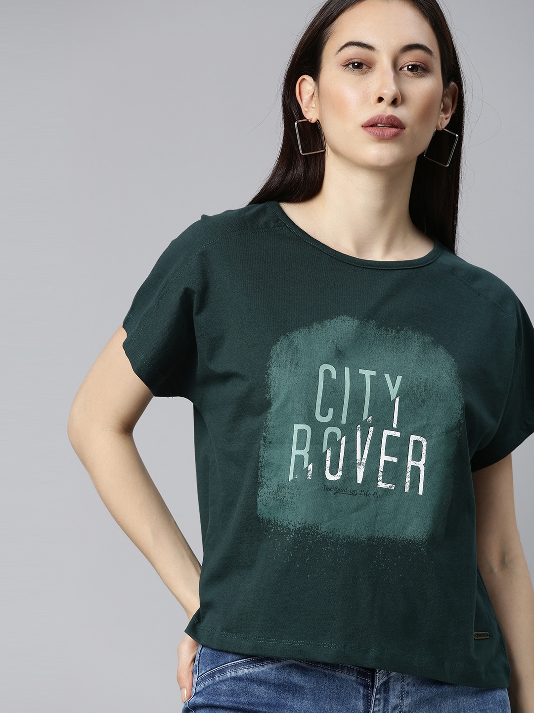 

The Roadster Lifestyle Co Women Green Printed Pure Cotton T-shirt