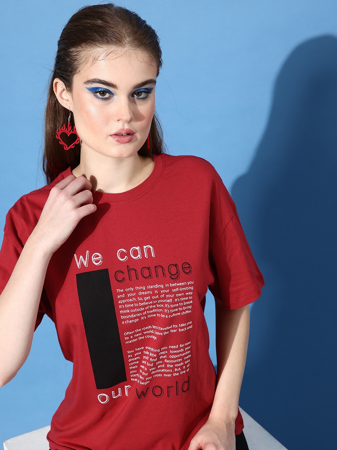 

Roadster Women Red Printed Boxy Fit Round Neck Pure Cotton T-shirt