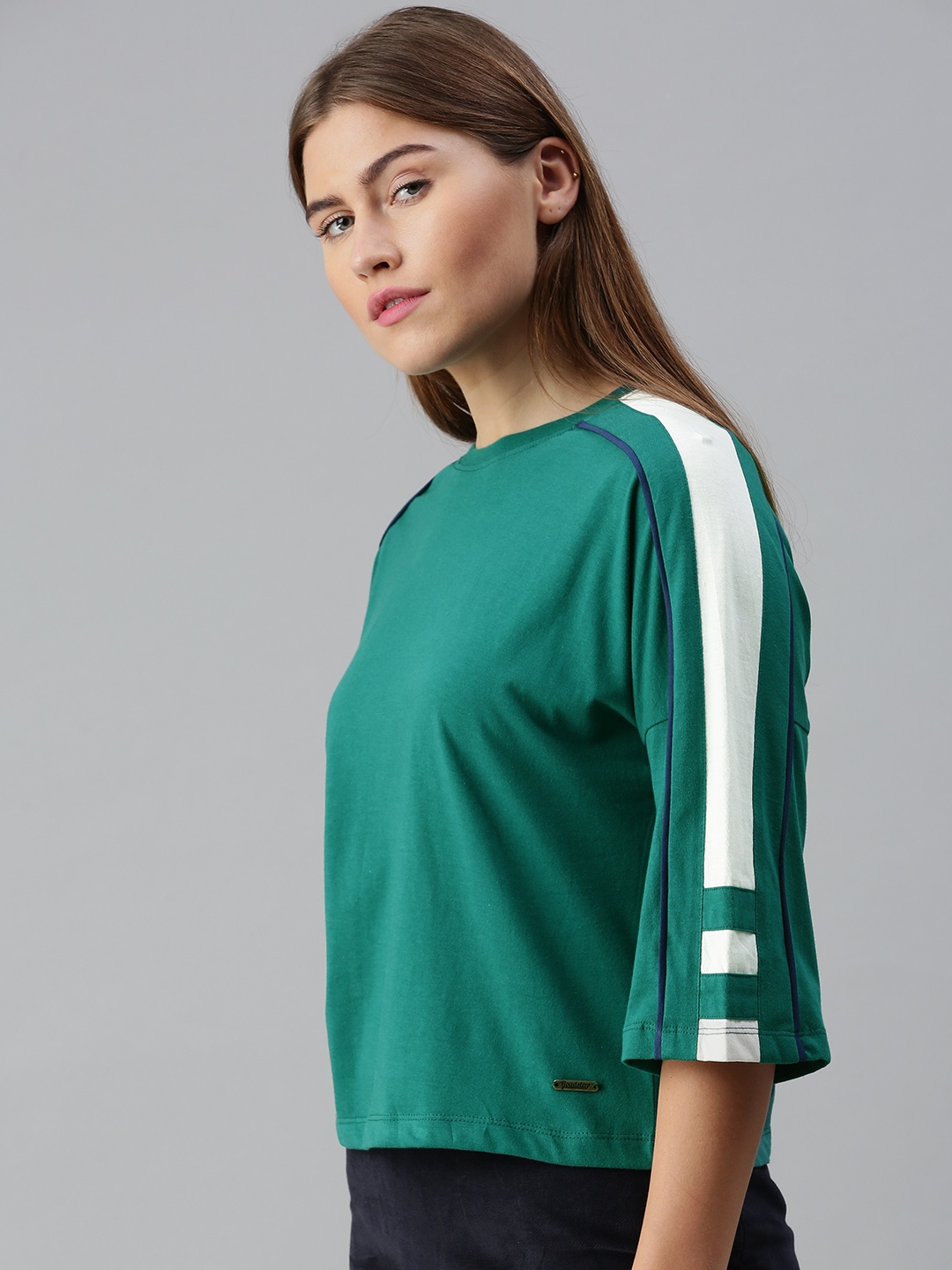 

The Roadster Lifestyle Co Women Teal Green Extended Sleeves Pure Cotton T-shirt